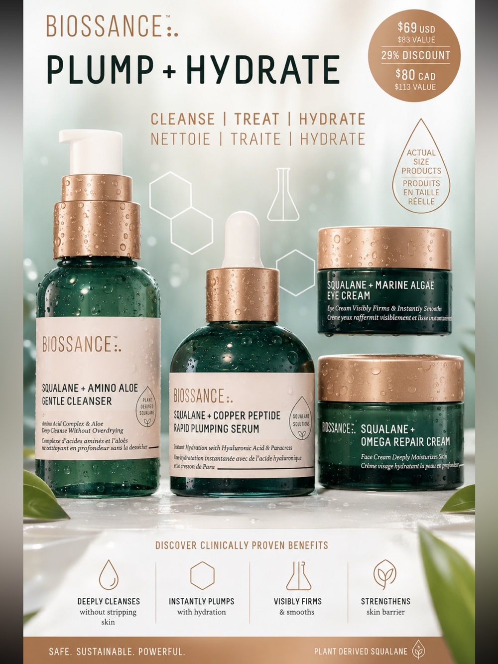 Biossance Plump + Hydrate cleanse treat hydrate